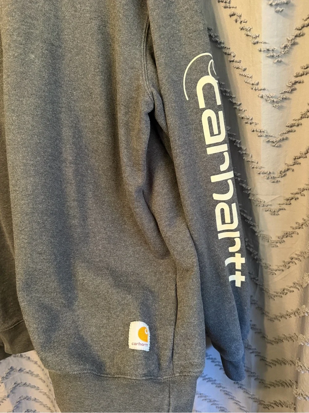 Carhartt Men's Heather Gray Crewneck with Yellow Sleeve Logo